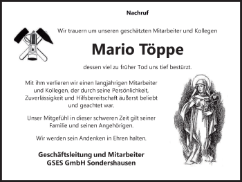 Traueranzeige von Mario Töppe