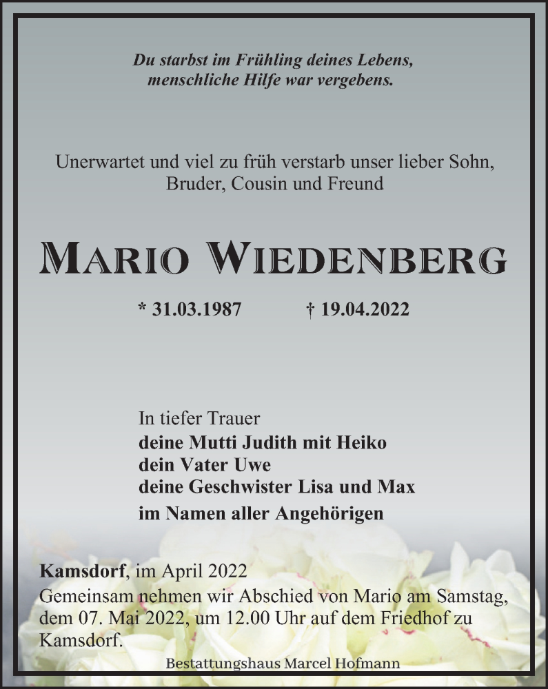  Traueranzeige für Mario Wiedenberg vom 30.04.2022 aus Ostthüringer Zeitung