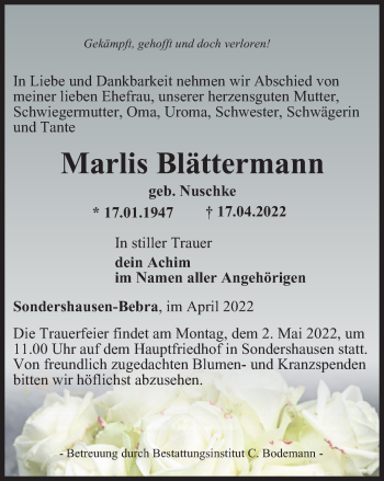 Traueranzeige von Marlis Blättermann