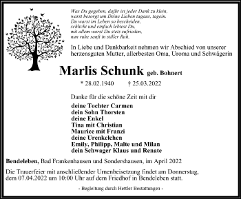 Traueranzeige von Marlis Schunk von Thüringer Allgemeine