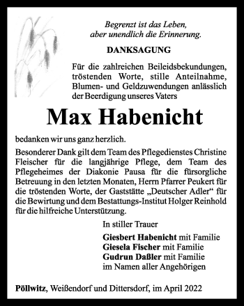 Traueranzeige von Max Habenicht von Ostthüringer Zeitung