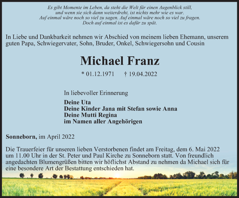  Traueranzeige für Michael Franz vom 30.04.2022 aus Thüringer Allgemeine, Thüringische Landeszeitung