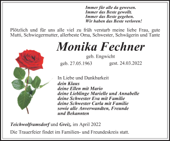 Traueranzeige von Monika Fechner von Ostthüringer Zeitung