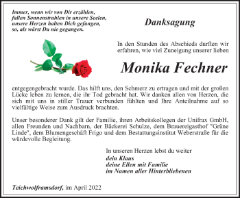 Traueranzeige von Monika Fechner von Ostthüringer Zeitung