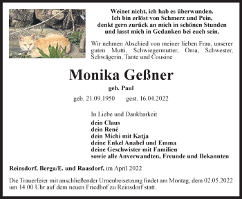 Traueranzeige von Monika Geßner von Ostthüringer Zeitung