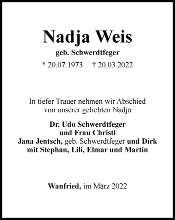 Traueranzeige von Nadja Weis von Thüringer Allgemeine, Thüringische Landeszeitung