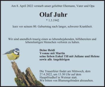 Traueranzeige von Olaf Juhr von Thüringer Allgemeine, Thüringische Landeszeitung
