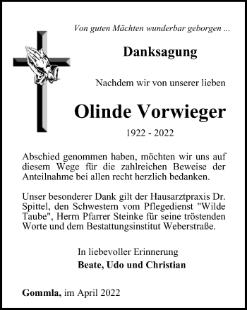 Traueranzeige von Olinde Vorwieger von Ostthüringer Zeitung