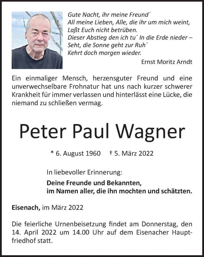  Traueranzeige für Peter Paul Wagner vom 09.04.2022 aus Thüringer Allgemeine, Thüringische Landeszeitung