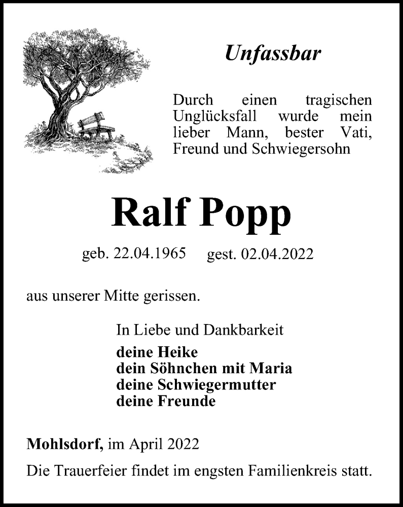  Traueranzeige für Ralf Popp vom 08.04.2022 aus Ostthüringer Zeitung