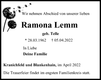 Traueranzeige von Ramona Lemm von Thüringer Allgemeine, Thüringische Landeszeitung