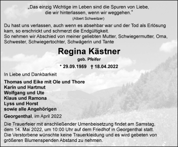 Traueranzeige von Regina Kästner von Thüringer Allgemeine, Thüringische Landeszeitung