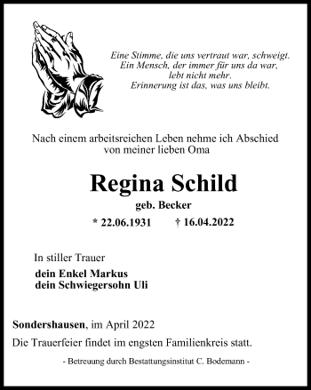 Traueranzeige von Regina Schild