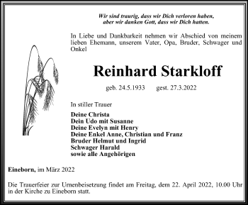 Traueranzeige von Reinhard Starkloff von Ostthüringer Zeitung