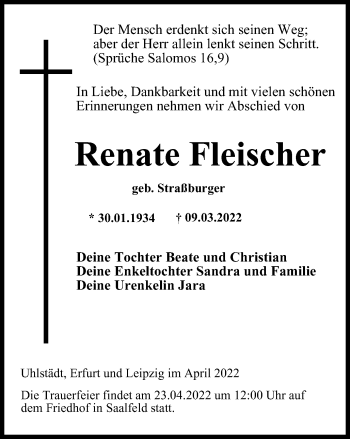 Traueranzeige von Renate Fleischer von Ostthüringer Zeitung
