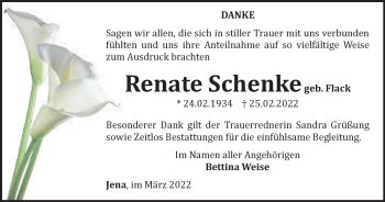 Traueranzeige von Renate Schenke von Ostthüringer Zeitung, Thüringische Landeszeitung