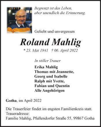 Traueranzeige von Roland Mahlig von Thüringer Allgemeine, Thüringische Landeszeitung