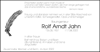 Traueranzeige von Rolf Arndt Jahn von Ostthüringer Zeitung