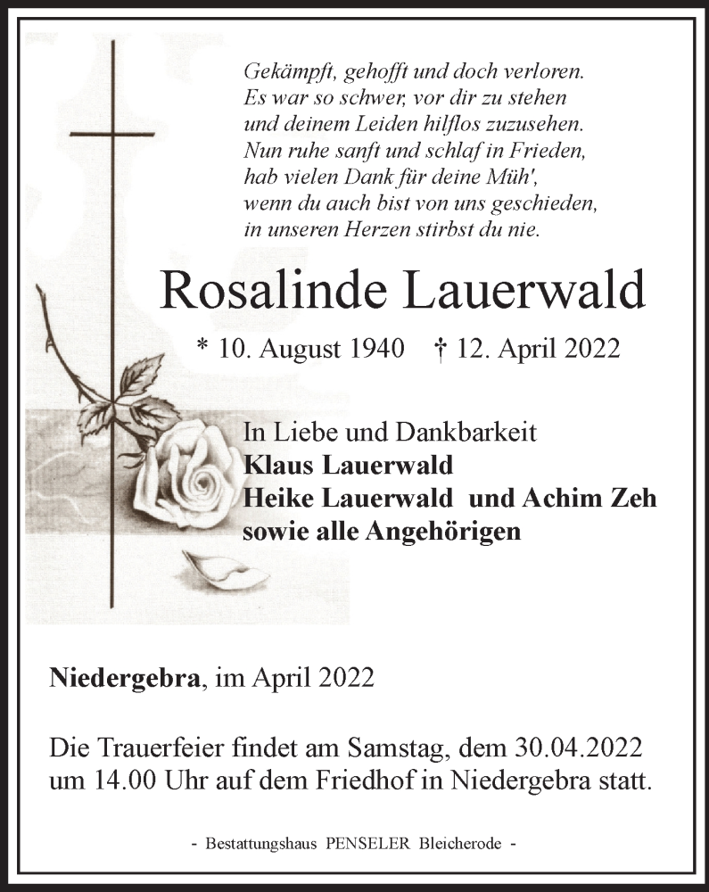 Traueranzeige für Rosalinde Lauerwald vom 23.04.2022 aus Thüringer Allgemeine