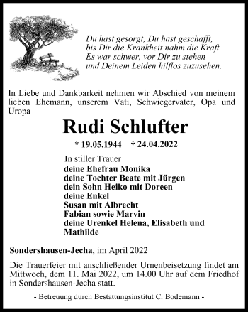 Traueranzeige von Rudi Schlufter