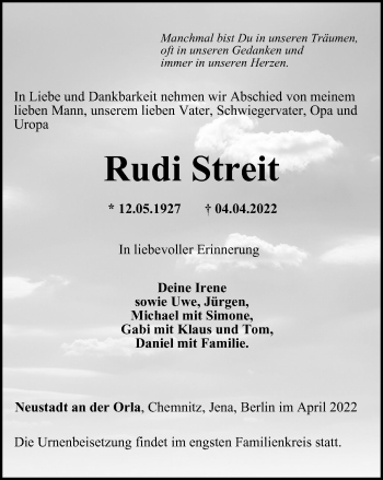 Traueranzeige von Rudi Streit