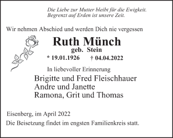 Traueranzeige von Ruth Münch von Ostthüringer Zeitung