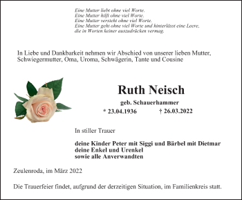 Traueranzeige von Ruth Neisch von Ostthüringer Zeitung