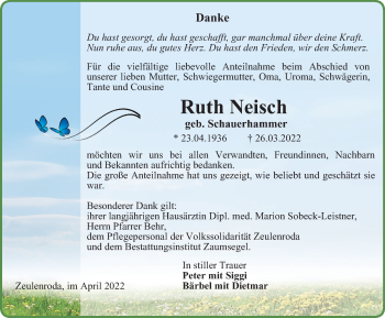 Traueranzeige von Ruth Neisch von Ostthüringer Zeitung