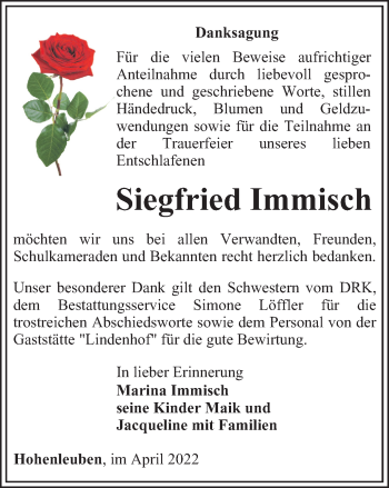 Traueranzeige von Siegfried Immisch von Ostthüringer Zeitung