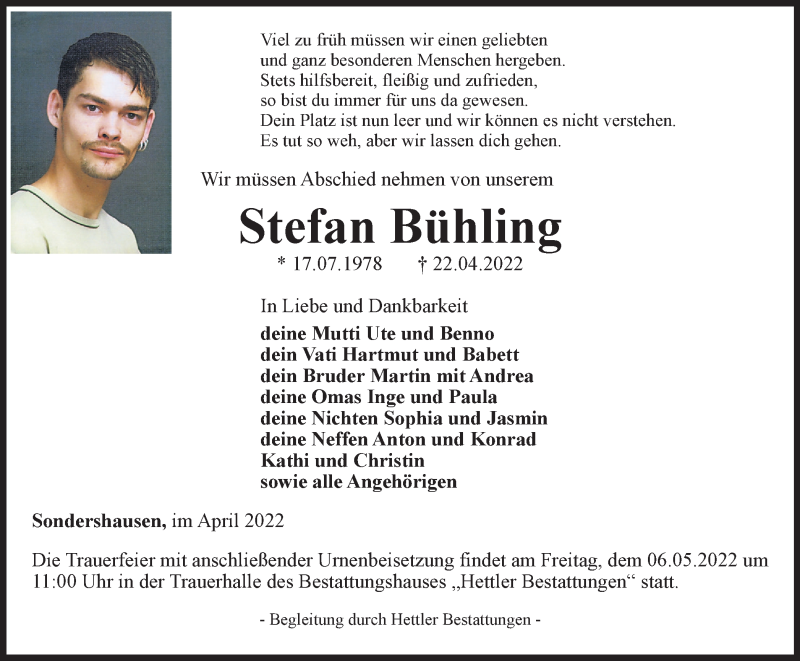  Traueranzeige für Stefan Bühling vom 30.04.2022 aus Thüringer Allgemeine