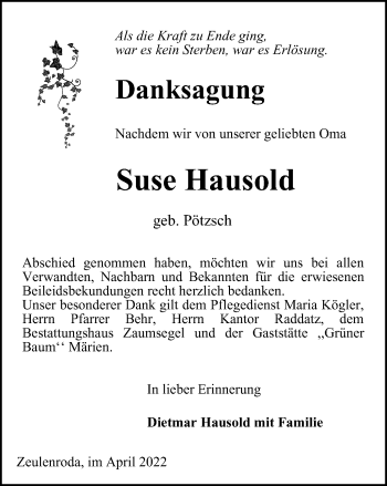 Traueranzeige von Suse Hausold von Ostthüringer Zeitung