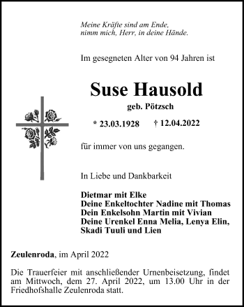 Traueranzeige von Suse Hausold von Ostthüringer Zeitung