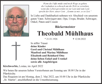 Traueranzeige von Theobald Mühlhaus von Thüringer Allgemeine