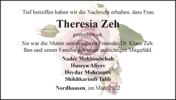 Traueranzeige von Theresia Zeh von Thüringer Allgemeine