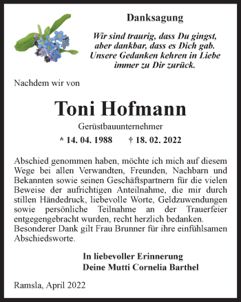 Traueranzeige von Toni Hofmann von Thüringer Allgemeine, Thüringische Landeszeitung