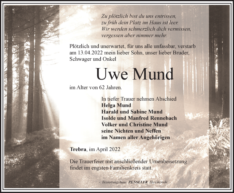  Traueranzeige für Uwe Mund vom 23.04.2022 aus Thüringer Allgemeine