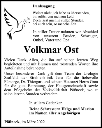 Traueranzeige von Volkmar Ost von Ostthüringer Zeitung