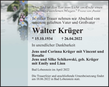 Traueranzeige von Walter Krüger von Ostthüringer Zeitung