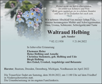 Traueranzeige von Waltraud Helbing von Thüringer Allgemeine