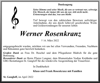 Traueranzeige von Werner Rosenkranz von Ostthüringer Zeitung