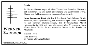 Traueranzeige von Werner Zarbock von Ostthüringer Zeitung