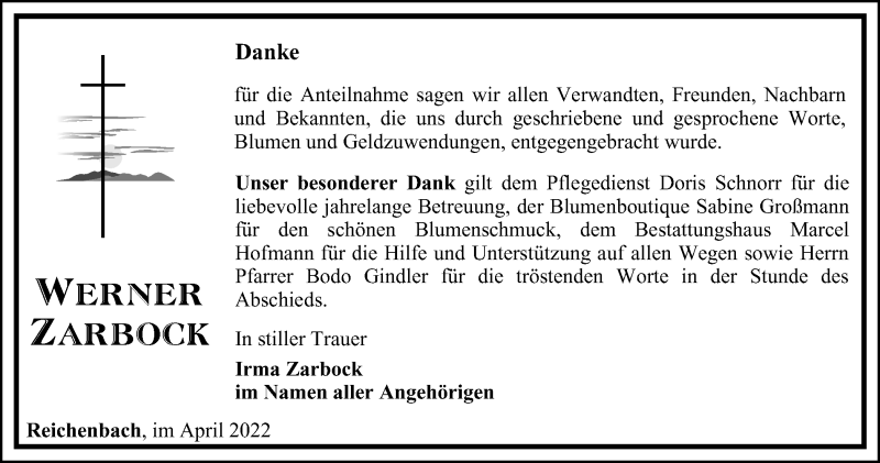  Traueranzeige für Werner Zarbock vom 02.04.2022 aus Ostthüringer Zeitung