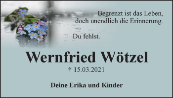 Traueranzeige von Wernfried Wötzel von Ostthüringer Zeitung, Thüringische Landeszeitung