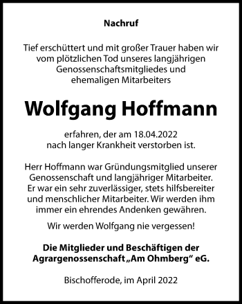 Traueranzeige von Wolfgang Hoffmann von Thüringer Allgemeine