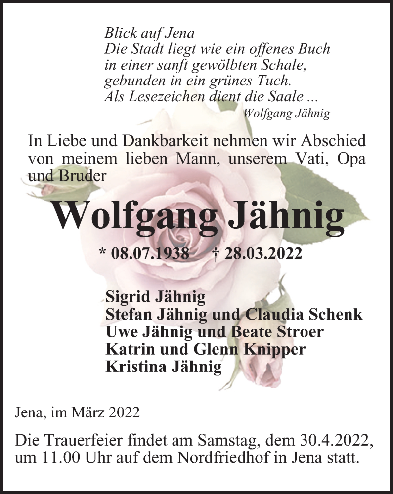 Traueranzeige für Wolfgang Jähnig vom 02.04.2022 aus Ostthüringer Zeitung, Thüringische Landeszeitung
