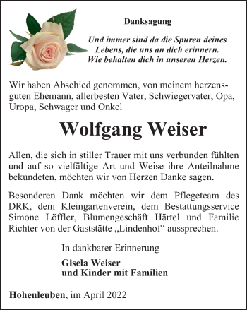 Traueranzeige von Wolfgang Weiser von Ostthüringer Zeitung