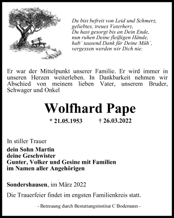 Traueranzeige von Wolfhard Pape