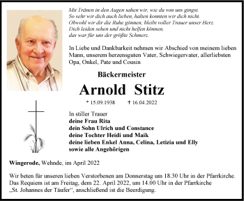 Traueranzeige von Arnold Stitz von Thüringer Allgemeine, Thüringische Landeszeitung