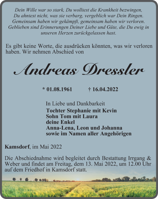 Traueranzeige von Andreas Dressler von Ostthüringer Zeitung