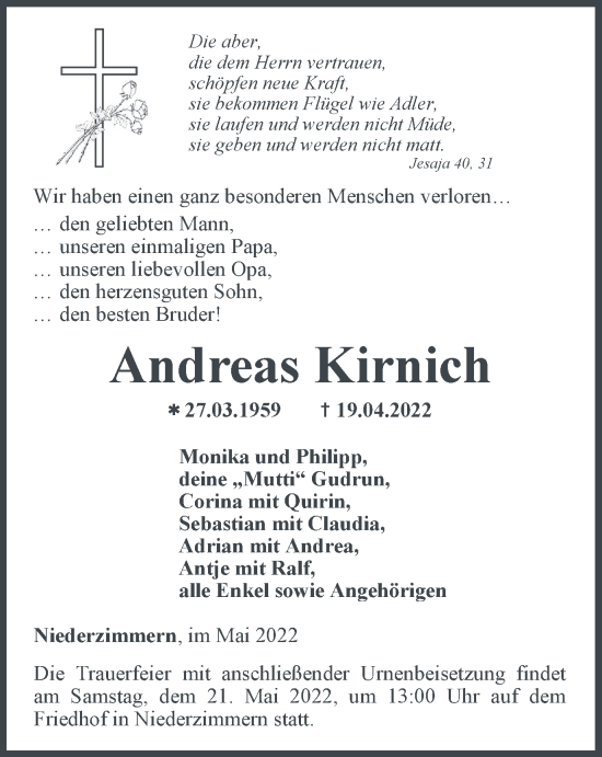 Traueranzeige von Andreas Kirnich von Thüringer Allgemeine, Thüringische Landeszeitung